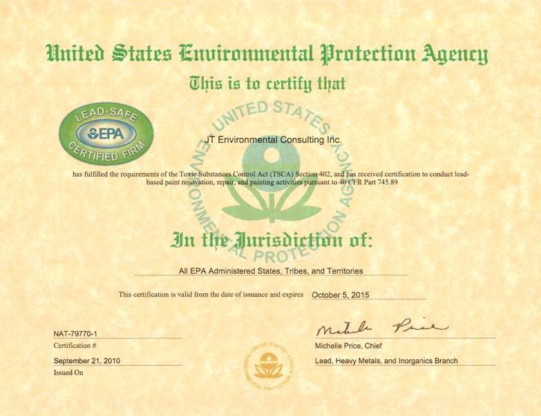 Lead Certification JT Environmental Consulting